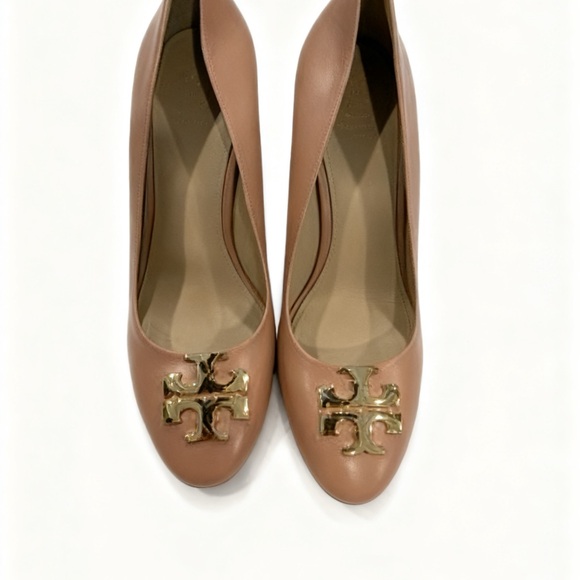 Tory Burch Shoes - Tory Burch Tan Heels with Gold Emblem